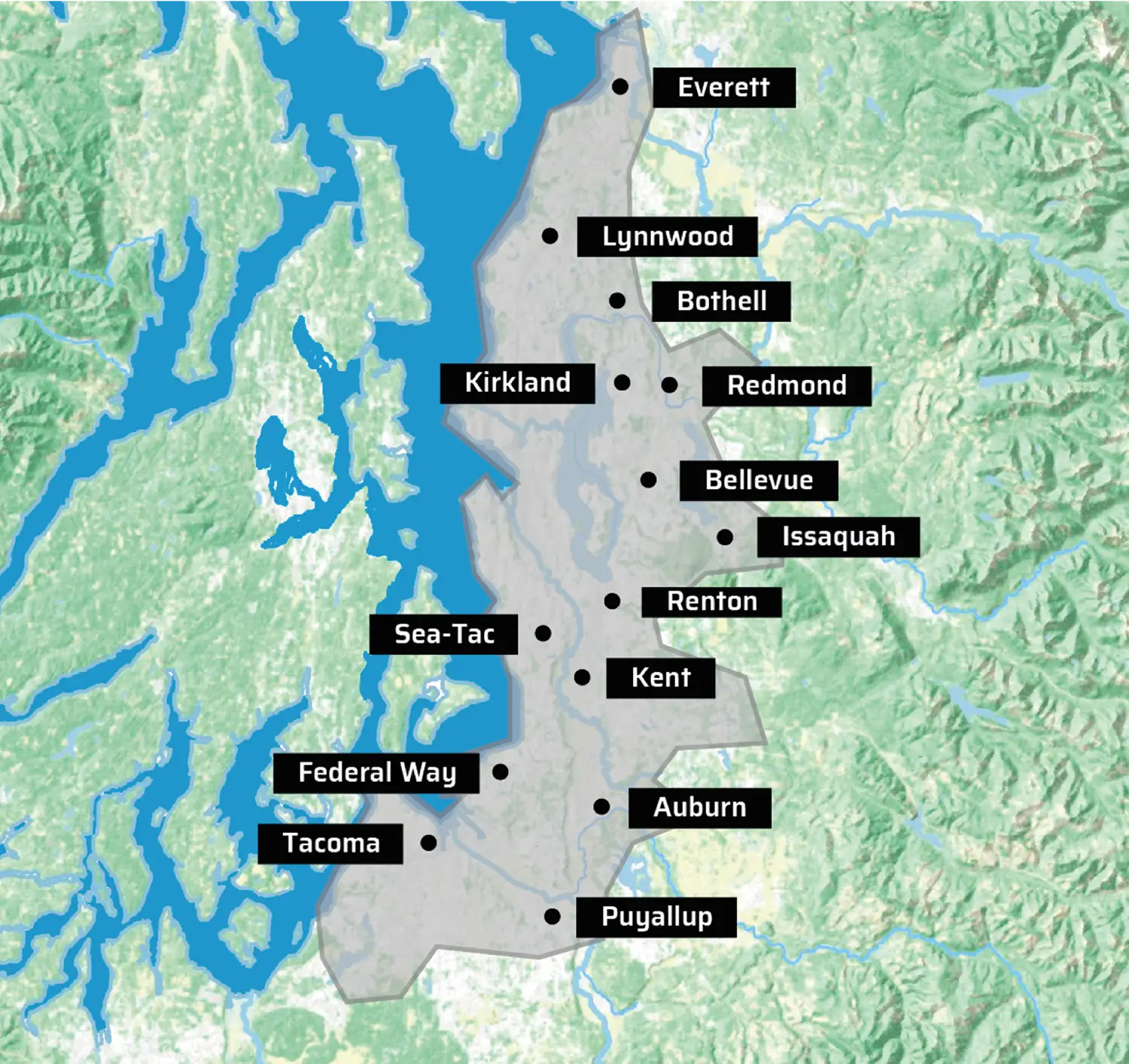 Map of the Seattle metropolitan area highlighting major cities, perfect for those interested in restoration Seattle projects or home restoration services throughout Everett, Bellevue, Tacoma, and beyond.