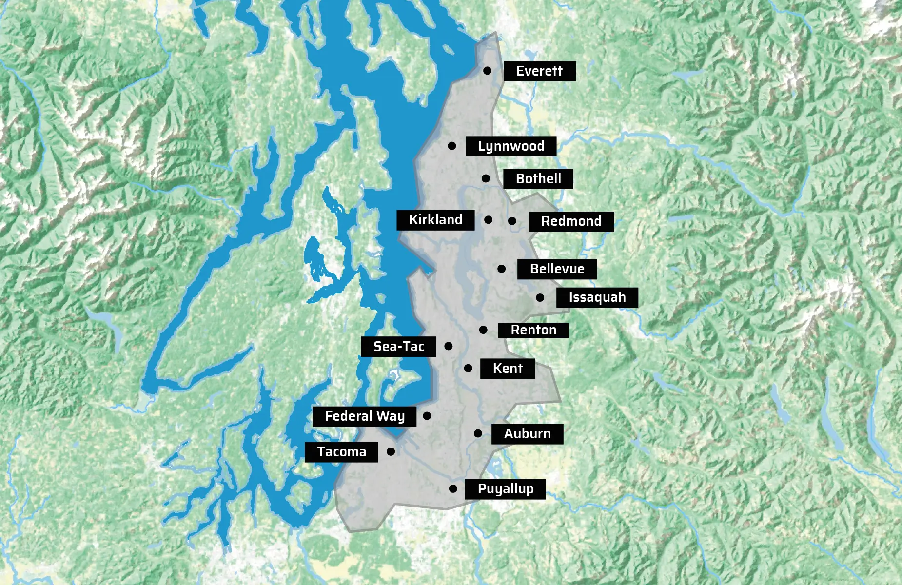 Map showing the Seattle metropolitan area in Washington State, highlighting cities like Bellevue and Tacoma—ideal for finding home restoration services or experts in restoration Seattle.