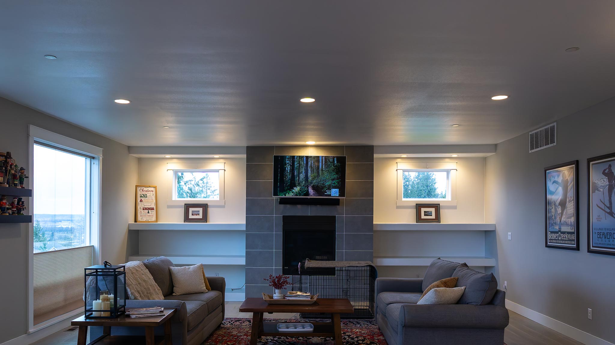 Lake Stevens living room—finished ceiling after drywall repair and paint, furnishings back in place.