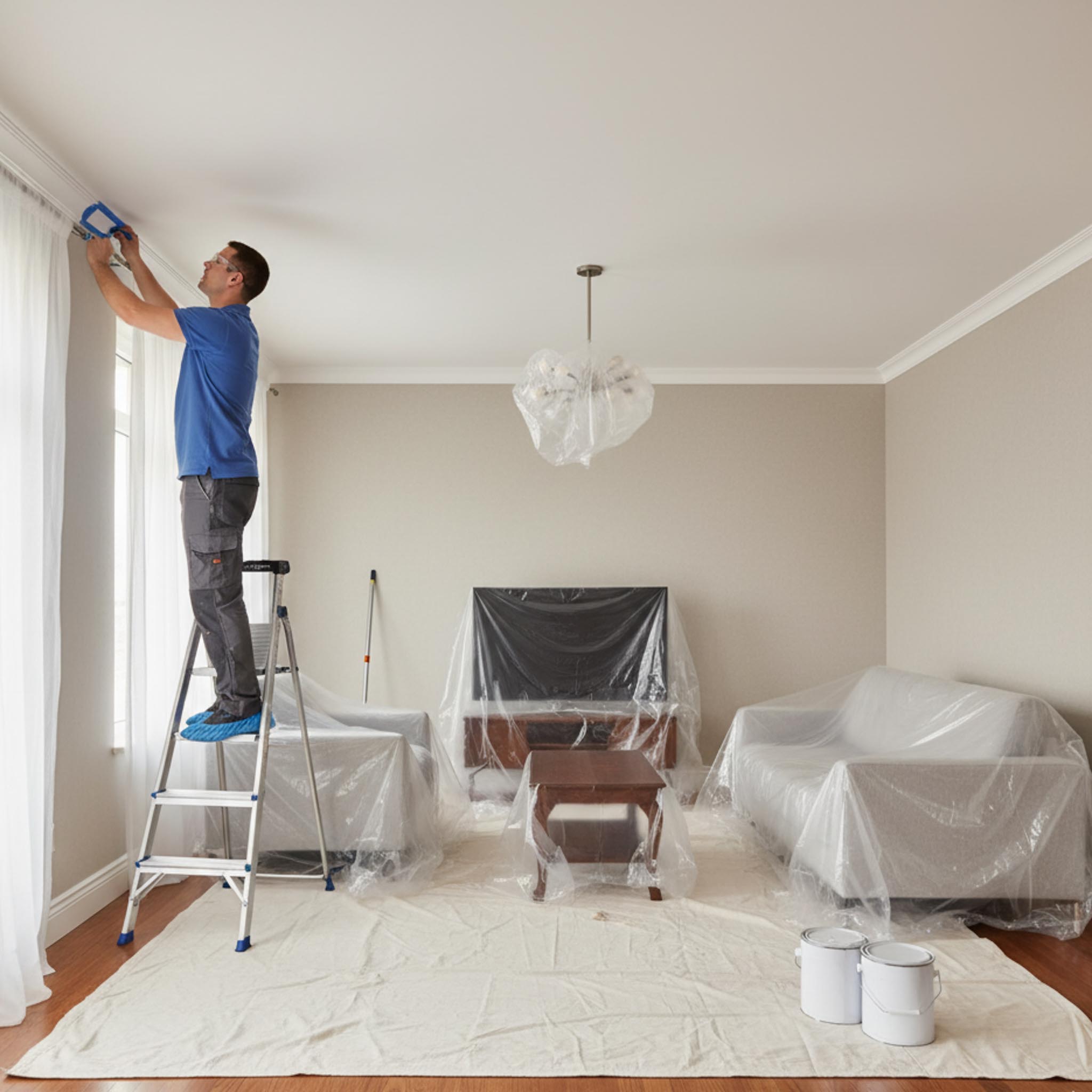 Professional contractor meticulously preparing a modern living room for painting, with all furniture and floors completely covered and protected.
