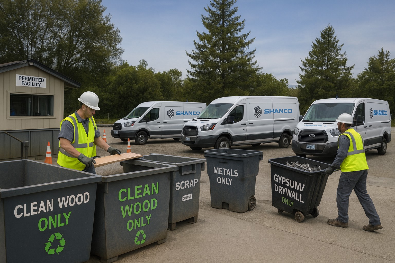 Shanco crew sorting clean wood, metals, and drywall at a permitted recycling facility in King County, WA.